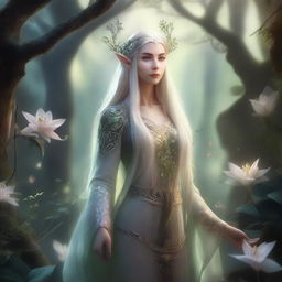 A beautifully detailed image of an elven character standing in an enchanted forest, surrounded by glowing magical flora and fauna