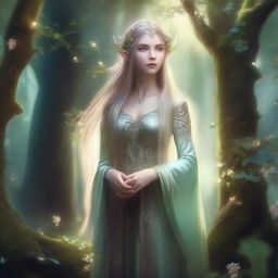 A beautifully detailed image of an elven character standing in an enchanted forest, surrounded by glowing magical flora and fauna