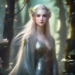 A beautifully detailed image of an elven character standing in an enchanted forest, surrounded by glowing magical flora and fauna