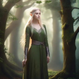 A serene and mystical forest with an elegant elven character standing gracefully among ancient trees