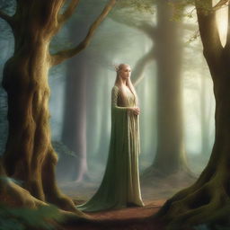 A serene and mystical forest with an elegant elven character standing gracefully among ancient trees