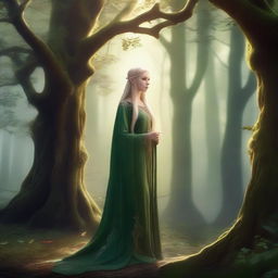 A serene and mystical forest with an elegant elven character standing gracefully among ancient trees