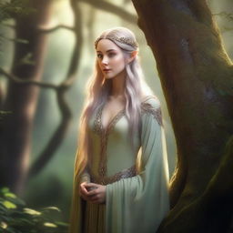 A serene and mystical forest with an elegant elven character standing gracefully among ancient trees