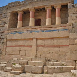 A vibrant scene featuring grand Minoan and Mycenaean architecture, punctuated by glimpses of their unique writing systems.