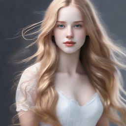 Create a highly detailed and realistic image of a girl with long, golden hair