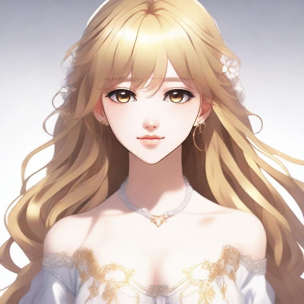 Create a highly detailed and realistic anime-style image of a girl with long, golden hair