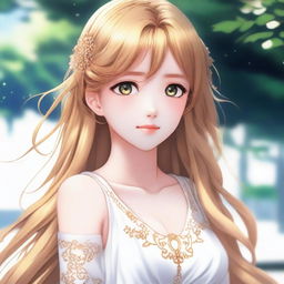 Create a highly detailed and realistic anime-style image of a girl with long, golden hair