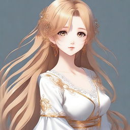 Create a highly detailed and realistic anime-style image of a girl with long, golden hair