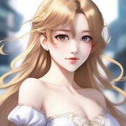 Create a highly detailed and realistic anime-style image of a girl with long, golden hair