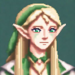 A detailed pixel art portrait of an elf with blonde hair holding a bow