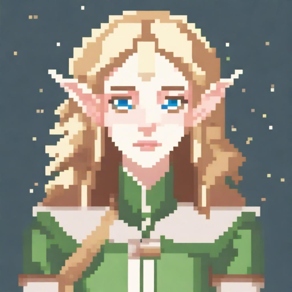 A detailed pixel art portrait of an elf with blonde hair holding a bow