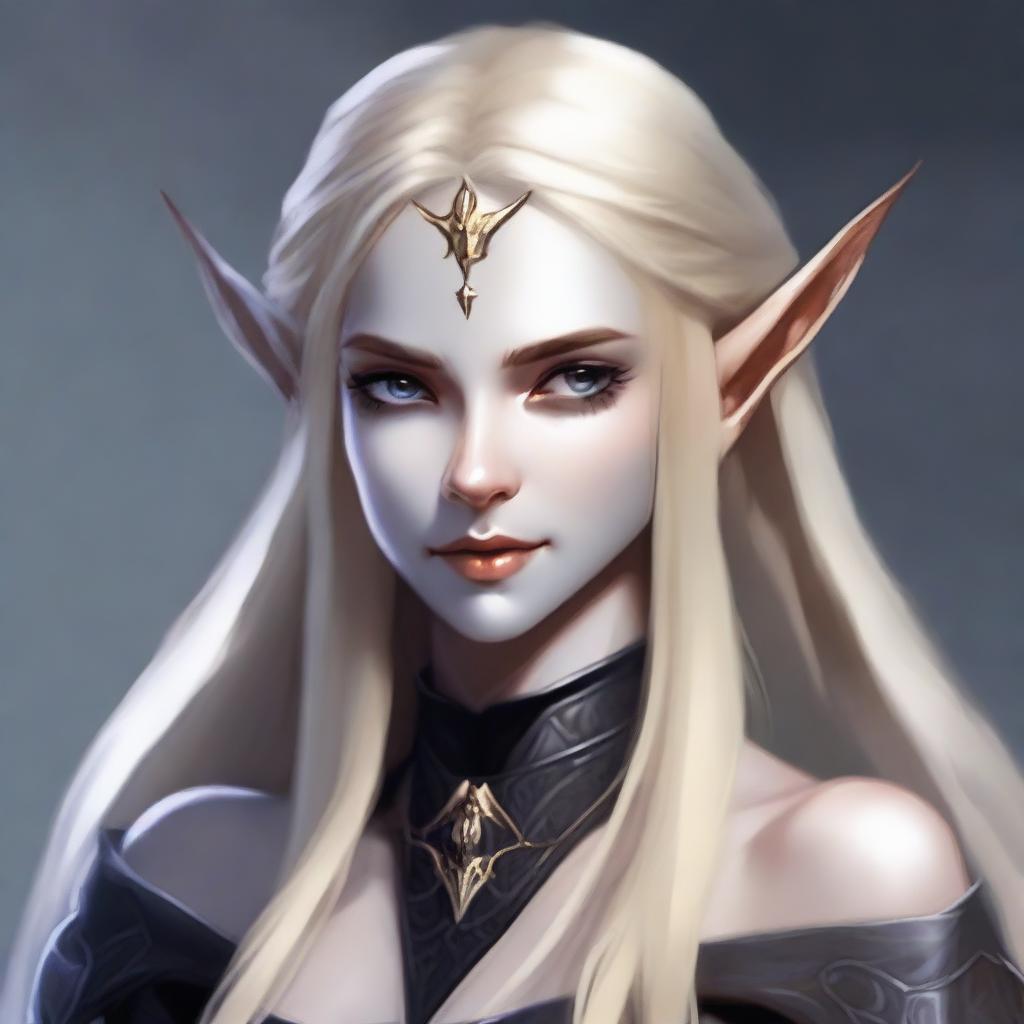 A detailed portrait of a dark elf with blonde hair holding a bow