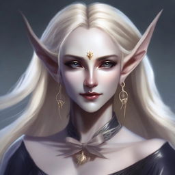 A detailed portrait of a dark elf with blonde hair holding a bow