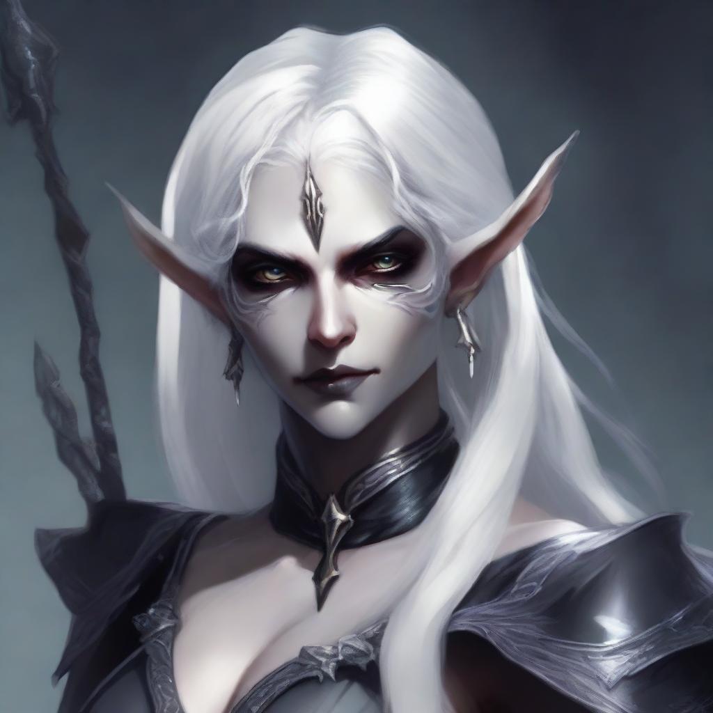 A detailed portrait of a dark elf with white hair holding a bow