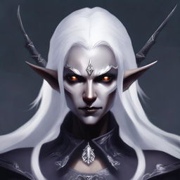 A detailed portrait of a dark elf with white hair holding a bow