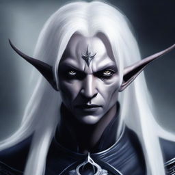 A detailed portrait of a dark elf with white hair holding a bow