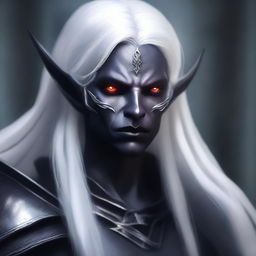 A detailed portrait of a dark elf with white hair holding a bow