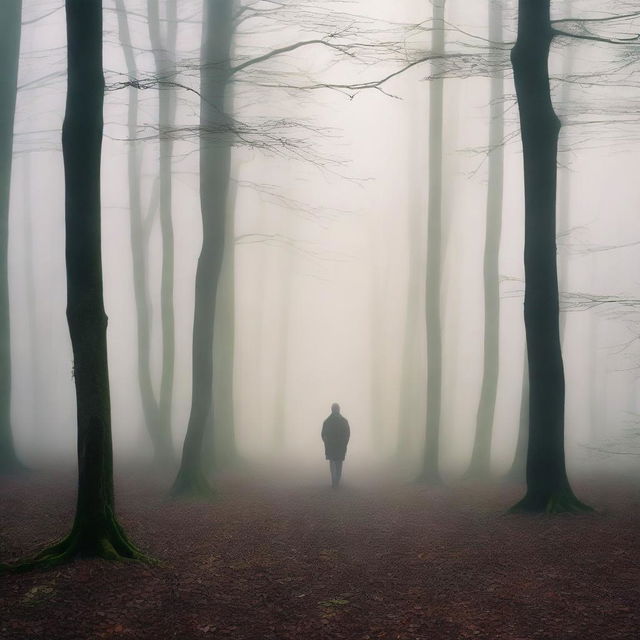 An evocative image titled 'Echoes of Silence: A Father's Journey' showing a father walking through a misty forest