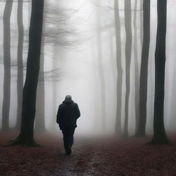 An evocative image titled 'Echoes of Silence: A Father's Journey' showing a father walking through a misty forest