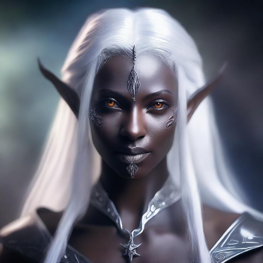 A detailed portrait of a female dark elf with white hair, casting a magical spell