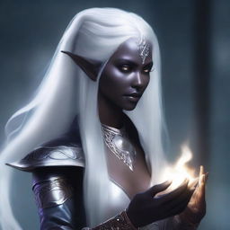 A detailed portrait of a female dark elf with white hair, casting a magical spell