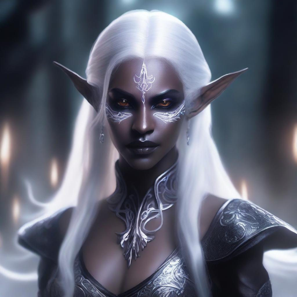 A detailed portrait of a female dark elf with white hair, casting a magical spell