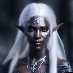 A detailed portrait of a female dark elf with white hair, casting a magical spell