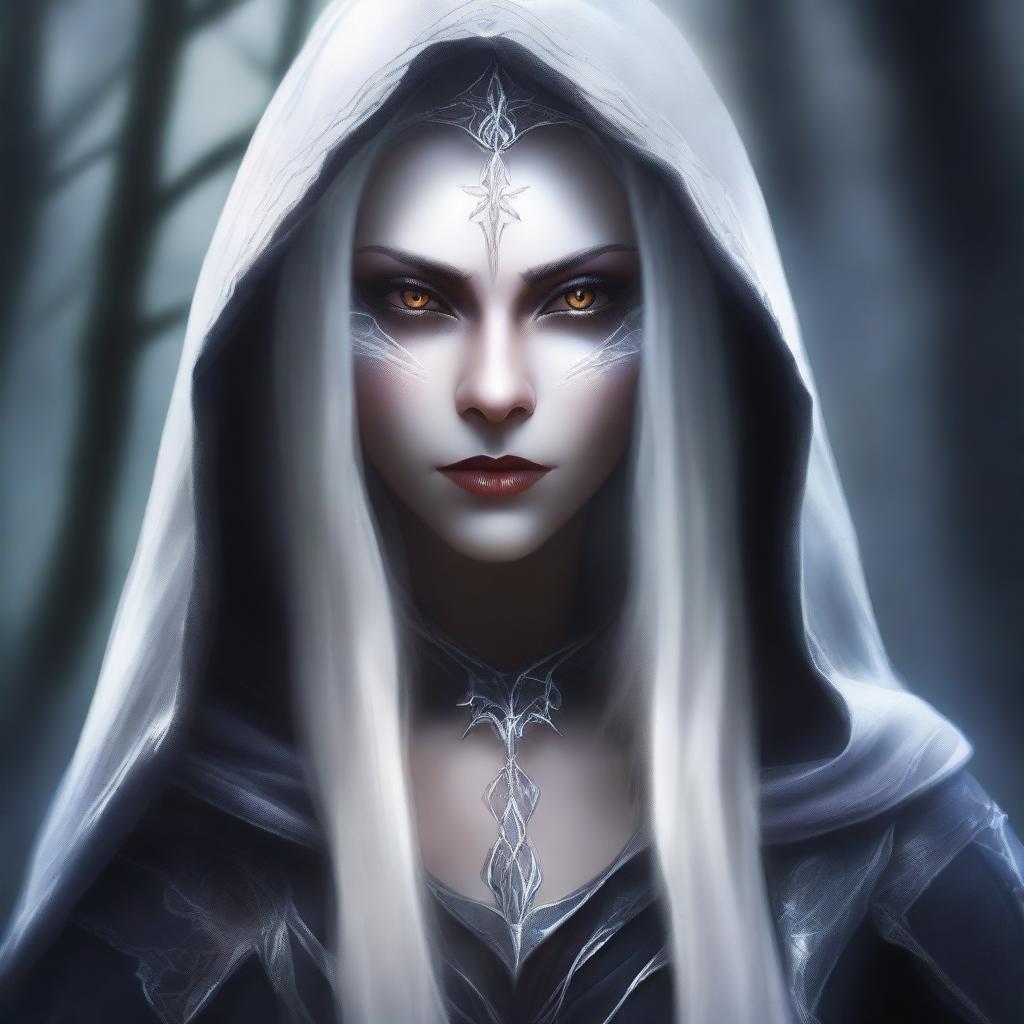 A detailed portrait of a female dark elf with white hair, wearing a hood and casting a magical spell