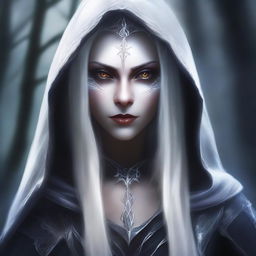 A detailed portrait of a female dark elf with white hair, wearing a hood and casting a magical spell