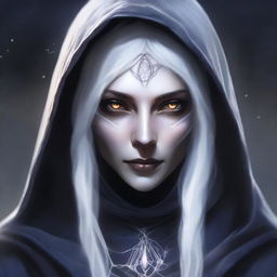 A detailed portrait of a female dark elf with white hair, wearing a hood and casting a magical spell