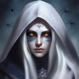 A detailed portrait of a female dark elf with white hair, wearing a hood and casting a magical spell