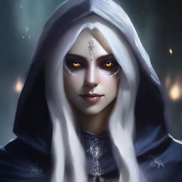 A detailed portrait of a female dark elf with white hair, wearing a hood and casting a magical spell