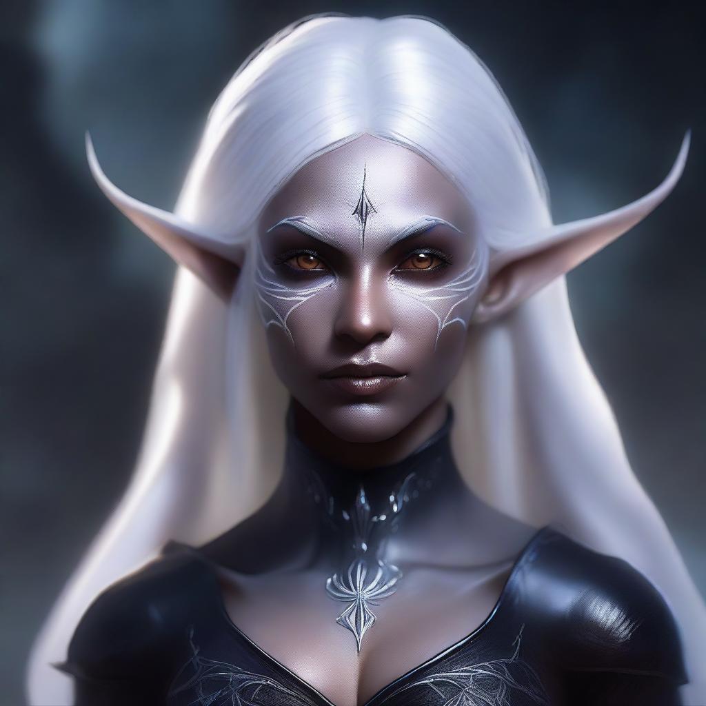 A detailed portrait of a female dark elf with white hair, casting a magical spell