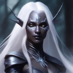 A detailed portrait of a female dark elf with white hair, casting a magical spell