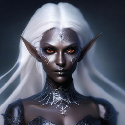 A detailed portrait of a female dark elf with white hair, casting a magical spell