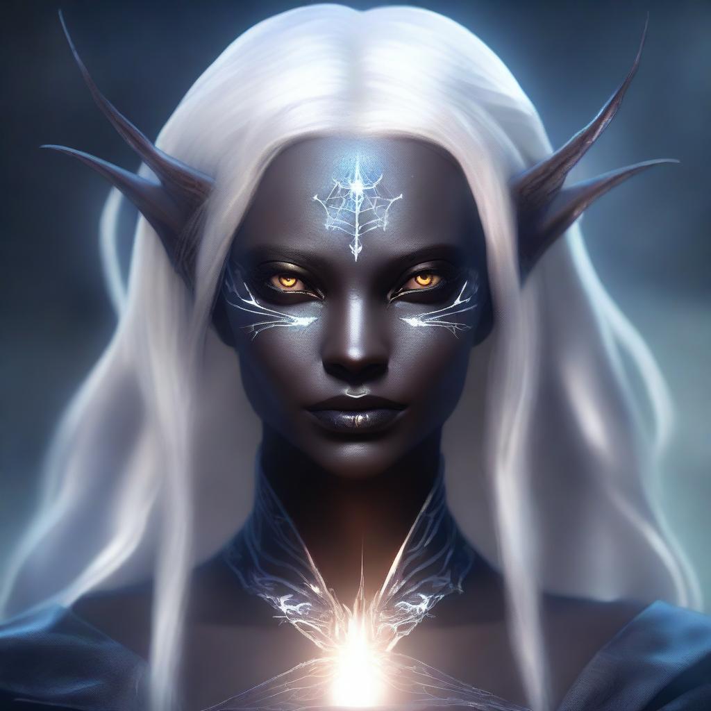 A detailed portrait of a female dark elf with white hair, casting a magical spell