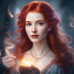 A detailed portrait of a female character with red hair, casting a magical spell