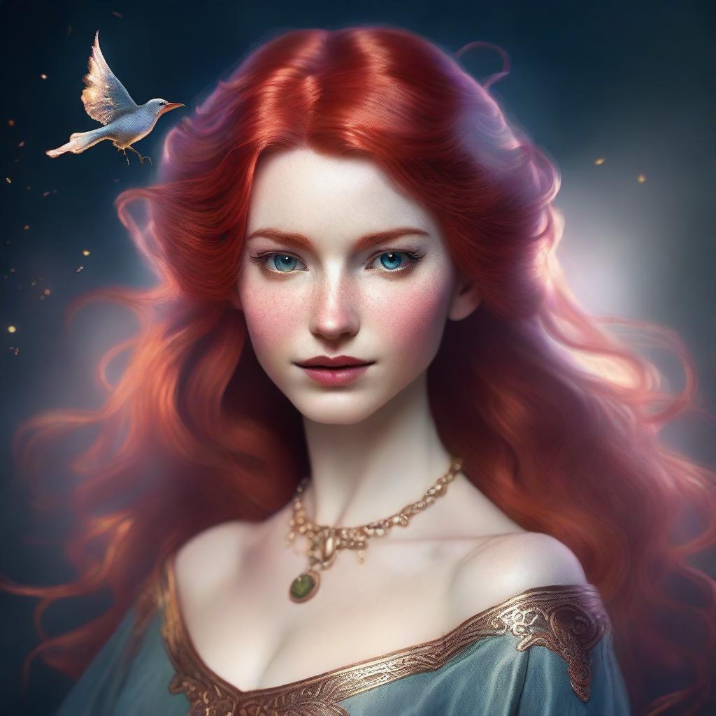 A detailed portrait of a female character with red hair, casting a magical spell