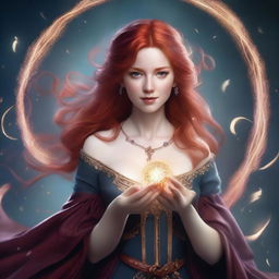 A detailed portrait of a female character with red hair, casting a magical spell