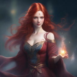 A detailed portrait of a female character with red hair, casting a magical spell