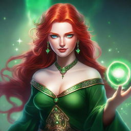 A detailed portrait of a female character with red hair and green eyes, casting a magical spell