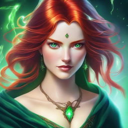 A detailed portrait of a female character with red hair and green eyes, casting a magical spell