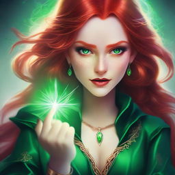 A detailed portrait of a female character with red hair and green eyes, casting a magical spell