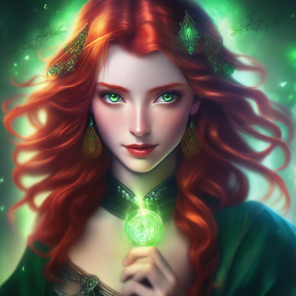 A detailed portrait of a female character with red hair and green eyes, casting a magical spell