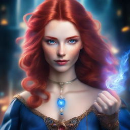 A detailed portrait of a female character with red hair and blue eyes, casting a magical spell