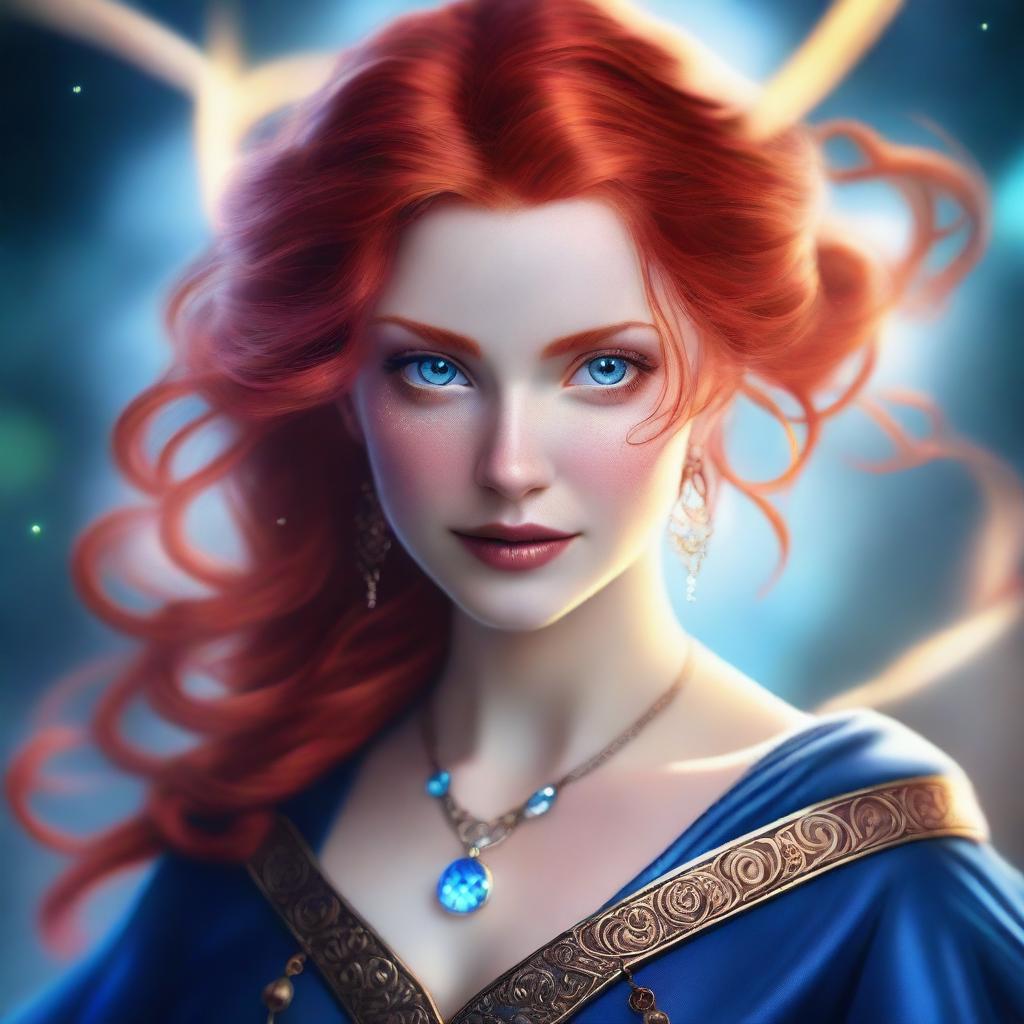 A detailed portrait of a female character with red hair and blue eyes, casting a magical spell