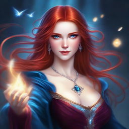 A detailed portrait of a female character with red hair and blue eyes, casting a magical spell