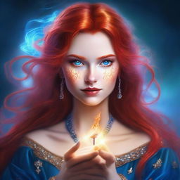 A detailed portrait of a female character with red hair and blue eyes, casting a magical spell