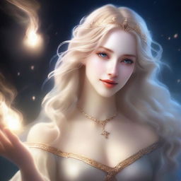 A detailed portrait of a female character with blonde hair, casting a magical spell