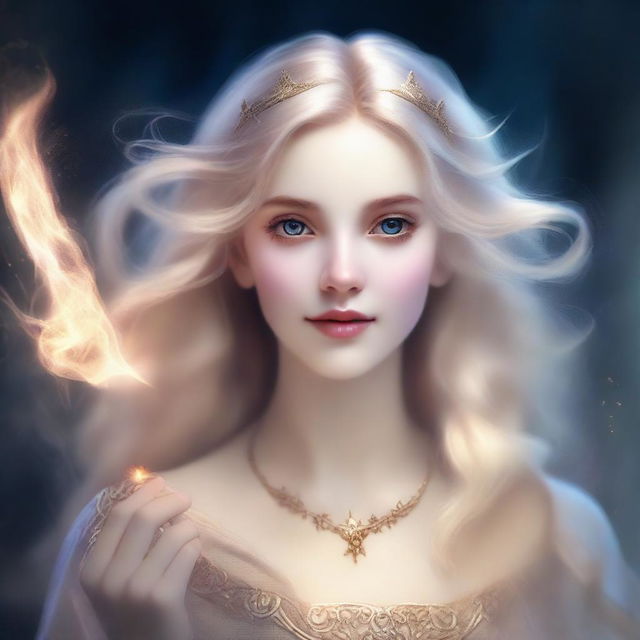 A detailed portrait of a female character with blonde hair, casting a magical spell